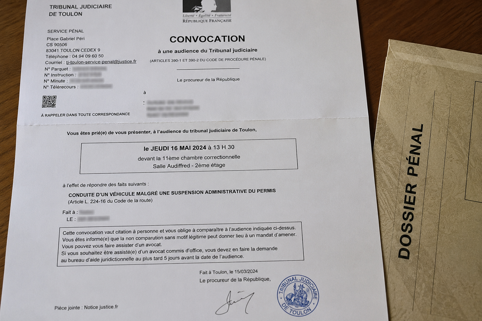 Conducteur reçu dans un cadre juridique avant un stage judiciaire de sécurité routière